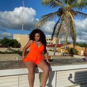 Neon orange tropical romper